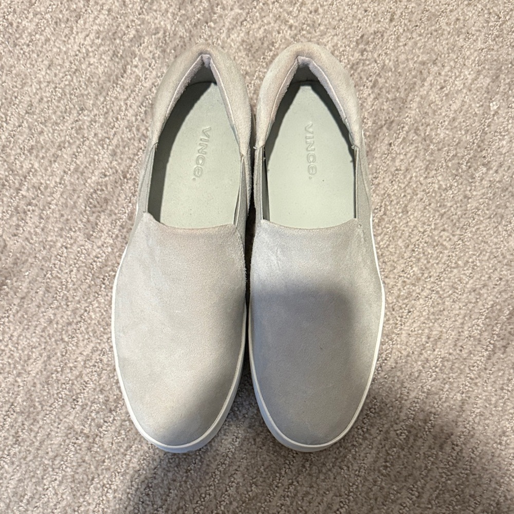 Vince Slip-On Suede Sneakers in Light Gray and White